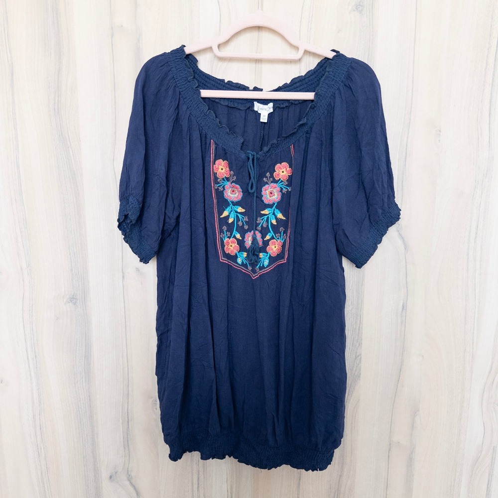Eden & Olivia Womens Embroidered Floral Top 2X Navy Off Shoulder Boho Peasant